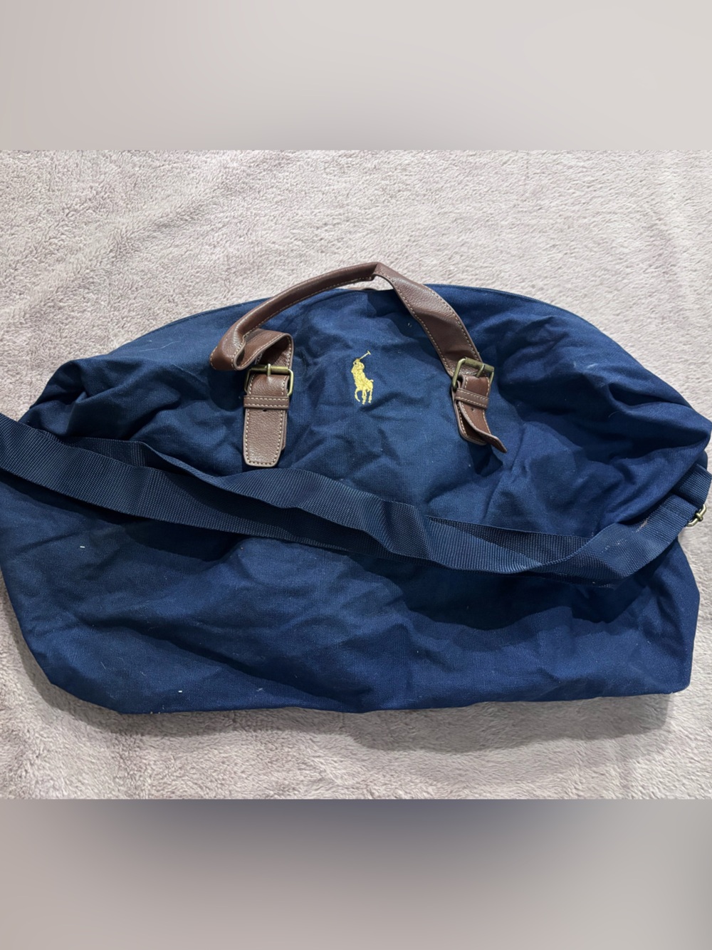 Ralph Lauren Navy Canvas Duffel with Yellow Polo Logo and Brown Leather Trim